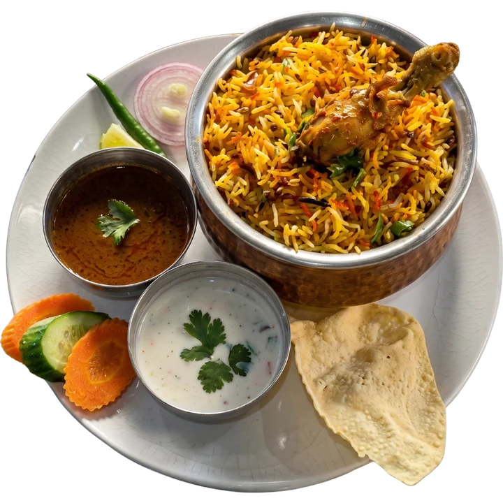 Dum biryani with chicken, raita and papad